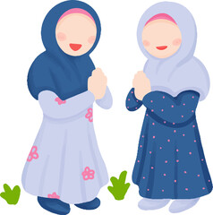 illustration of two girls greeting each other on Eid al-Fitr