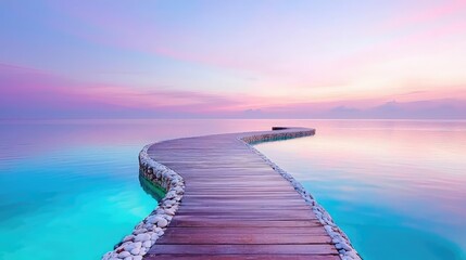 Obraz premium Minimal symmetry idea. A serene wooden pathway leading over tranquil waters under a pastel sky.