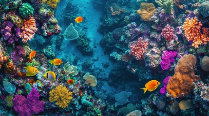 Vibrant Coral Reef Ecosystem with Colorful Fish and Diverse Marine Life.