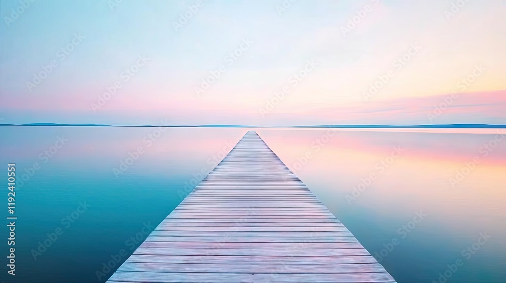 Poster minimal symmetry idea. serene wooden dock stretching into tranquil waters under a colorful sky.