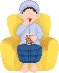 Illustration of a boy eating biscuits on Eid al-Fitr