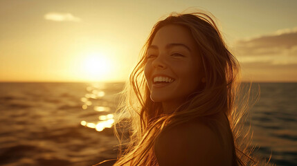 Joyful Woman Smiling at Sunset