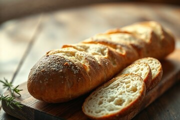 Fototapeta premium Sliced baguette on wooden board with rosemary