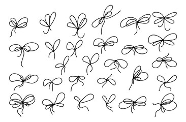 Ribbon bows set with simple line design. Simple outline bowknots in a clean, hand drawn style. Vector illustration ideal for packaging and festive decoration