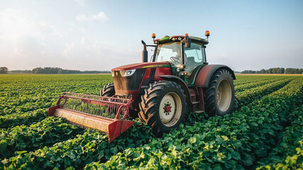Obraz premium Red Tractor in Field at Sunset: A powerful red tractor diligently cultivates a vibrant green field at sunset, embodying the spirit of agriculture and hard work. 