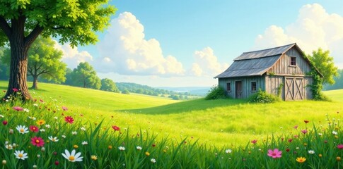Serene Rustic Barn in a Sunny Meadow with Blooming Wildflowers