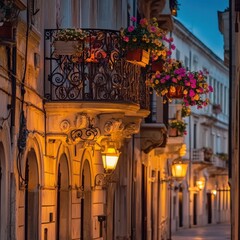 Elegant European Street with Glowing Lamps and Historic Architecture at Dusk