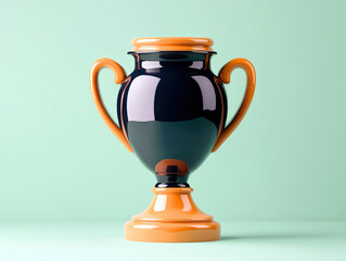 Fototapeta premium Decorative ceramic trophy with orange and navy blue colors displayed against soft green background