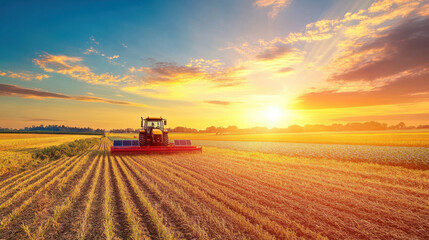 Fototapeta premium Tractor working in a field at sunset. Golden hour light bathes the landscape in warm tones.
