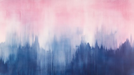 Abstract Watercolor Landscape Painting with Pink Sky and Blue Mountains on Canvas Texture.