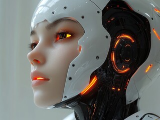 Cyborg woman with glowing eyes in futuristic setting