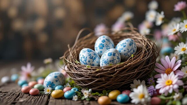 Vibrant easter eggs in nest surrounded by fresh spring blooms and candy