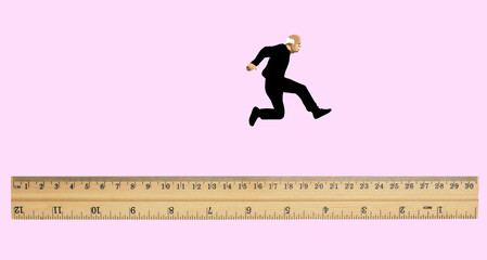 Concept illustration of an elderly man jumping over a ruler