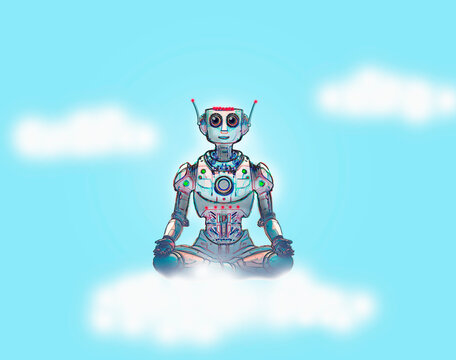 Concept illustration of a robot meditating on a cloud in the sky