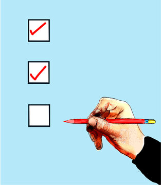 Illustration of a hand with a red pencil ticking boxes on a checklist