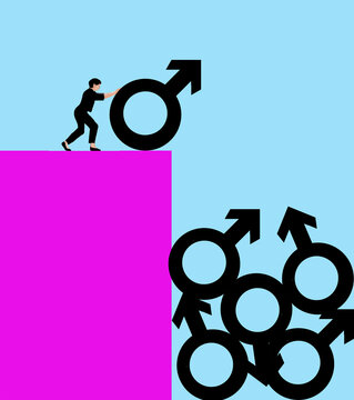 Illustration of a woman pushing male symbols off a large rectangle