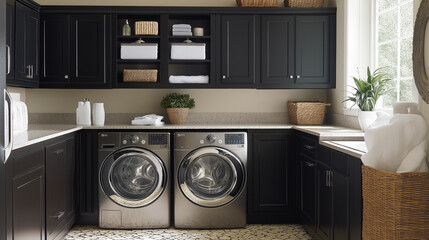 Modern Laundry Room with Dark Cabinets