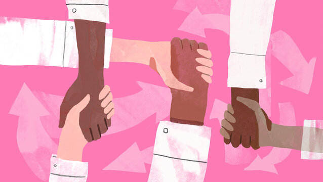 Illustration of diverse hands shaking in a teamwork concept