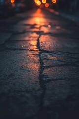 Wet Cobblestone Street Reflecting Streetlights at Night, Low Angle, Moody Atmospheric Background