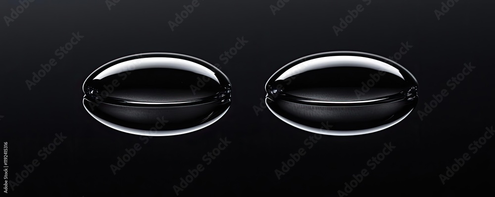 Poster Minimal symmetry idea. Two elegantly positioned droplets of liquid on a black background.