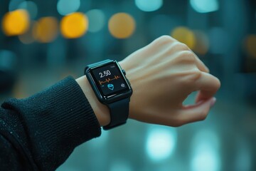 A close-up of a hand tapping a smartwatch to activate health mode