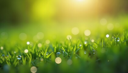 Obraz premium Dew-covered grass blades in morning light, nature freshness, desktop wallpaper background