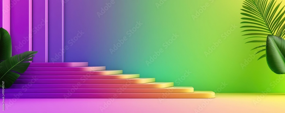 Aufkleber vivid gradient concept. a vibrant and colorful abstract background with steps and tropical leaves.