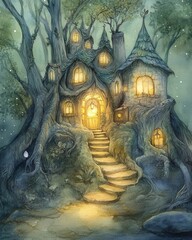 Enchanting Watercolor Painting of a Magical Treehouse at Night - Fantasy Home in the Woods