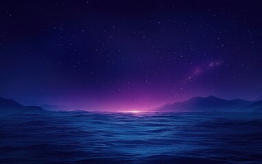 Night Sky Over Wavy Ocean with Distant Mountains and Purple Glow, Wide Panoramic.