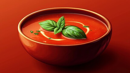 Tomato soup bowl with cream and basil in warm tones