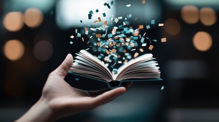 A hand reaches out to touch a holographic open book icon, triggering an explosion of colorful data points, graphs, and charts, visualizing the wealth of knowledge and insights that can be unlocked