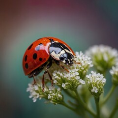 Fototapeta premium A stunning macro close-up captures a vibrant ladybug perched delicately on a colorful flower. 