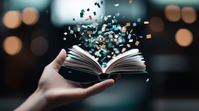 A hand reaches out to touch a holographic open book icon, triggering an explosion of colorful data points, graphs, and charts, visualizing the wealth of knowledge and insights that can be unlocked