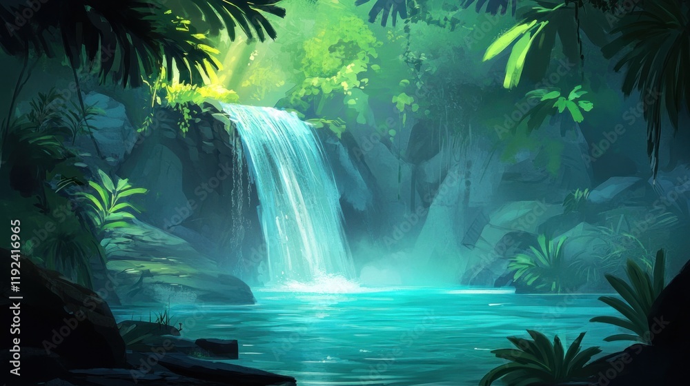 Canvas Prints Lush tropical waterfall cascading into a serene pool surrounded by vibrant green foliage.