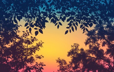 Silhouetted Tree Branches Against a Vibrant Sunset Sky with Gradient Colors.