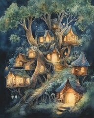Fototapeta premium Whimsical Watercolor Treehouse Village at Night with Glowing Windows