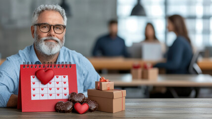 Valentine's Day Themed Office Background, man with beard holds heart themed calendar and gifts in office