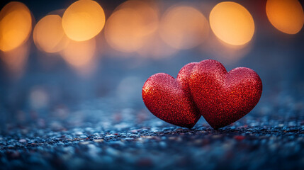 Fototapeta premium Two glittering red hearts symbolize love and affection during Valentine's Day celebration