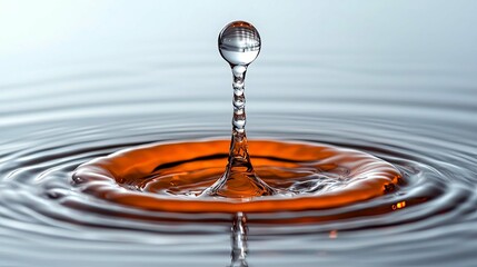 Water Drop Impact: Abstract Macro Photography of Ripples and Reflections on Orange Liquid Surface