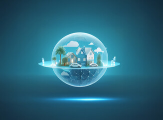 Obraz premium A miniature village nestled within a glowing, protective sphere, symbolizing safety and technological advancement. The scene evokes a sense of futuristic community and environmental consciousness.