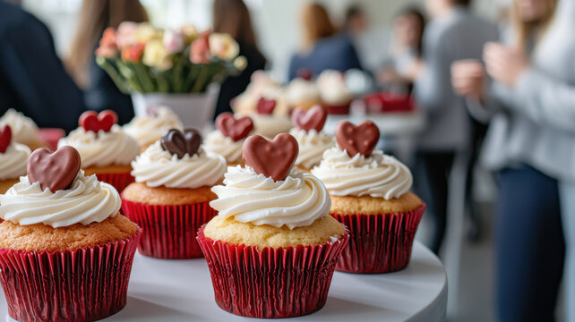 Valentine's Day Themed Office Background, Delightful cupcakes with heart shaped toppings for festive celebration