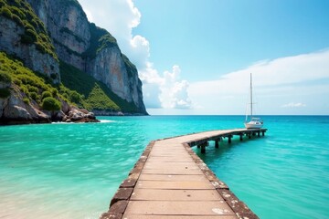 Obraz premium Serene Coastal Vista A Wooden Pier Extends into Turquoise Waters, Graced by a Sailboat Moored Nearby, with Lush Green Cliffs Rising in the Background under a Bright Sunny Sky