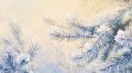 Ethereal Winter Pine Branches with Frost, Oil Painting Style.