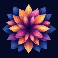 Vibrant, stylized flower with gradient petals in pink, orange, and blue hues against a dark background.