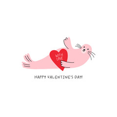 Cute cartoon Seal. Happy Valentine's Day vector card in flat style. Playful print Seal with heart