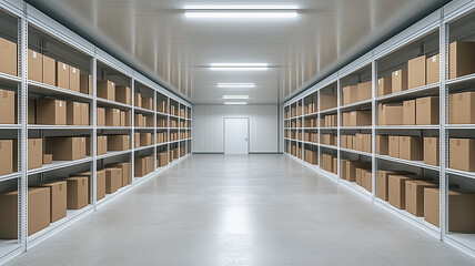 Warehouse Inventory: Rows of neatly stacked cardboard boxes fill a spacious warehouse, creating a striking image of efficient storage and logistics. The clean.