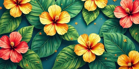Vibrant Hibiscus Flowers and Lush Tropical Foliage Create a Summery Paradise Scene, Ideal for Decorative Purposes and Design Projects