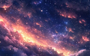 Fototapeta premium Dramatic Starry Sky with Radiant Clouds and Cosmic Dust, Digital Art.
