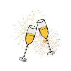 Clinking champagne glasses png fireworks, celebration, transparent background. Remixed by rawpixel.