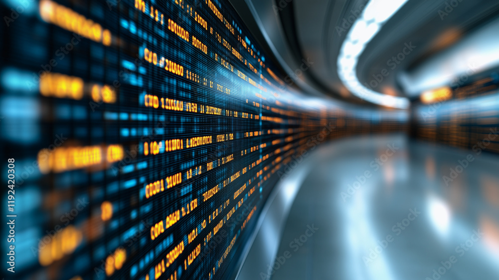 Poster digital tunnel of code: an immersive visualization of a futuristic data stream flowing through a cur